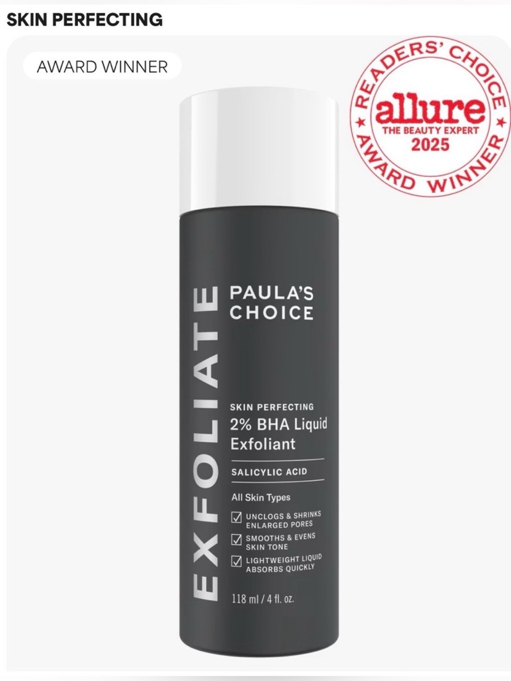 Paula's Choice Skin Perfecting 2% BHA Exfoliating Toner for Clear Skin 4 OZ NEW